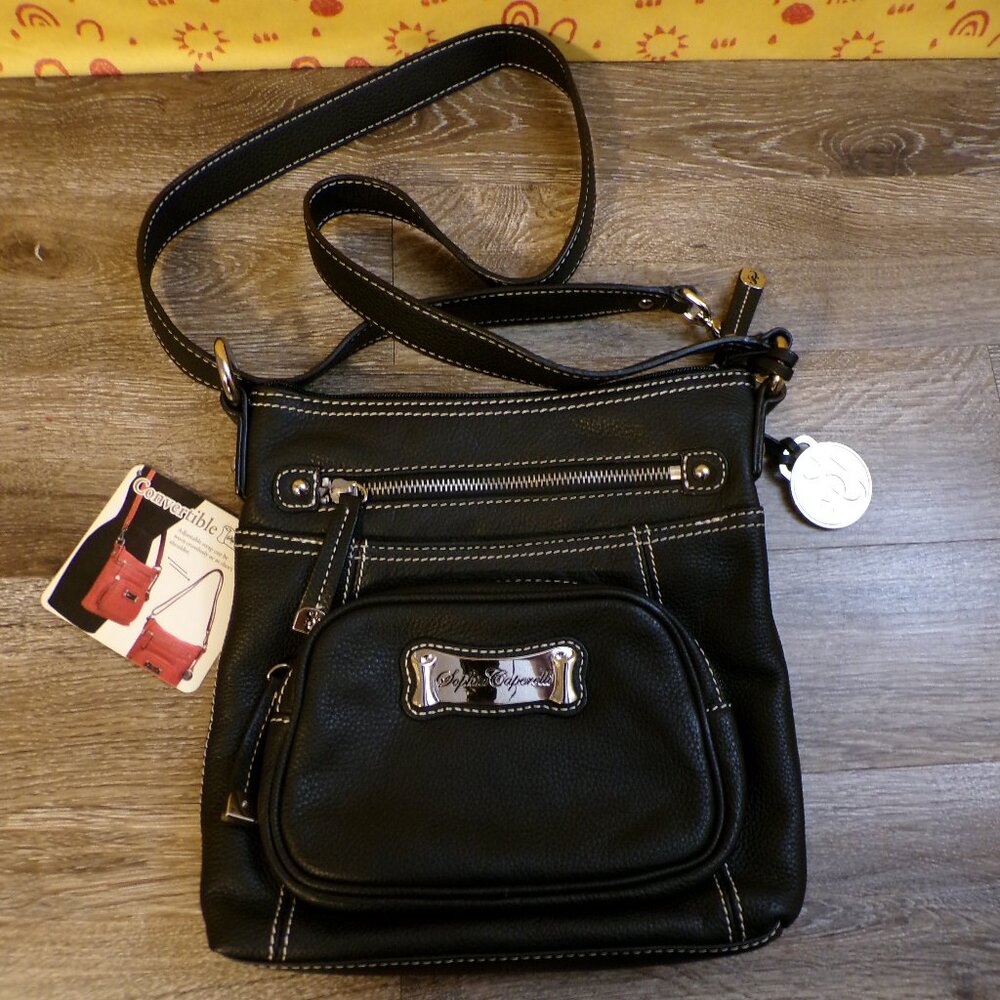 SOPHIA CAPERELLI NWT Women's Black Leather Convertible Purse 9"x9"x1.5"